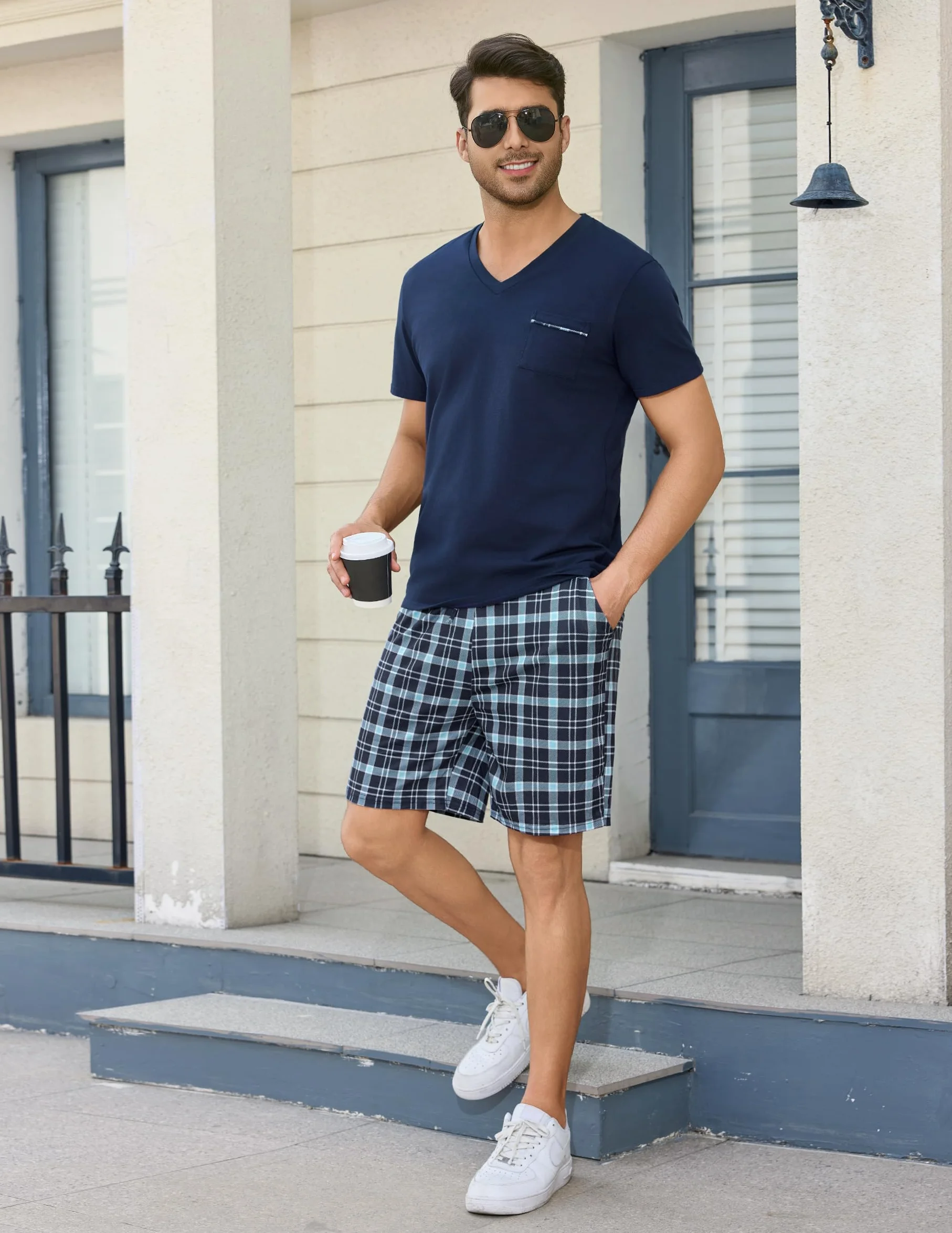 Bresdk Pijamas Cortos Hombre Algodón Verano Camisa de Manga Corta con Cuello en V y Pantalones Cortos a Cuadros Pijama 2 Piezas con Bolsillos Pecho