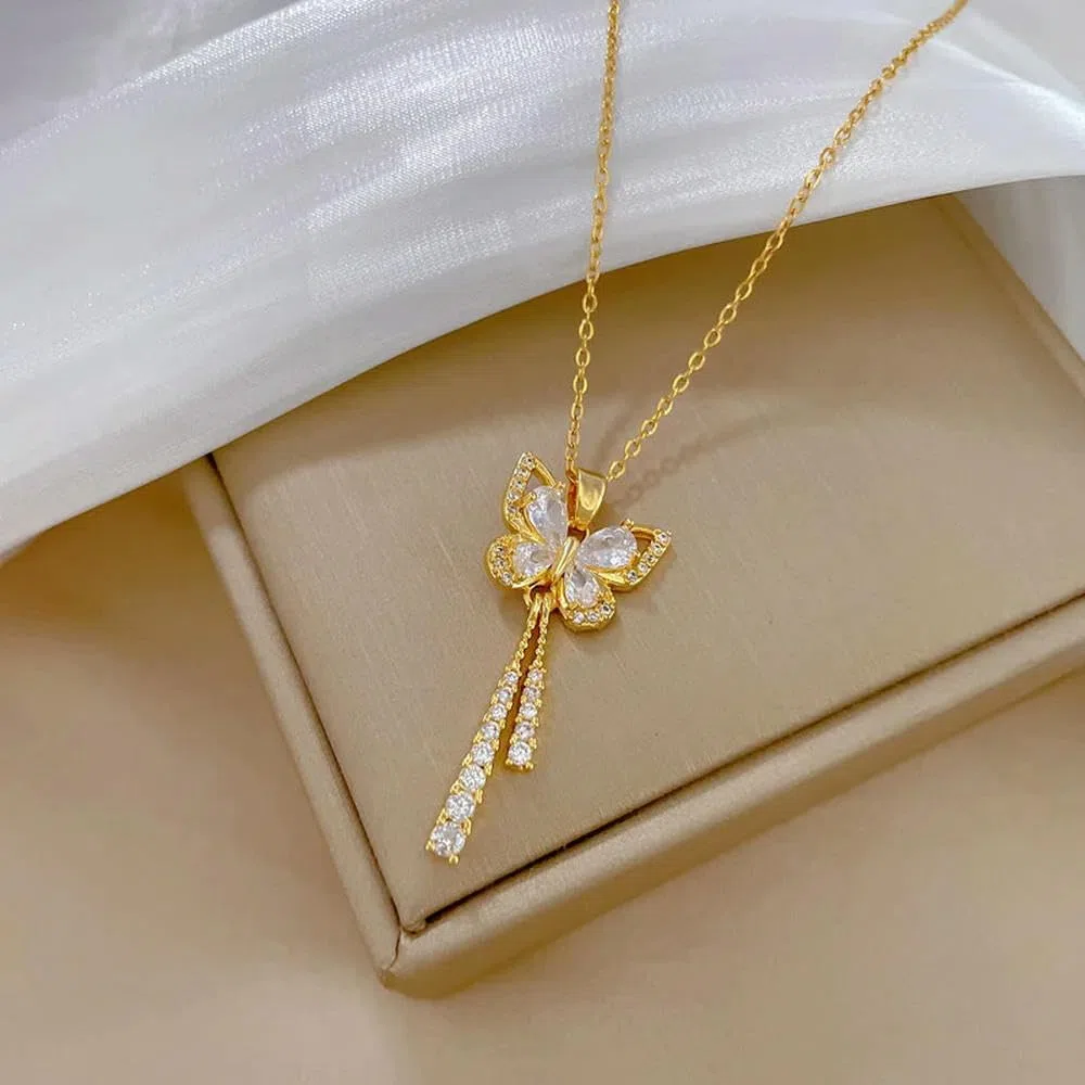 Exquisito Collar con borlas de Mariposa y circonitas con microincrustaciones para Mujer, Gargantilla de clavícula de Acero Inoxidable con Flor de Luna