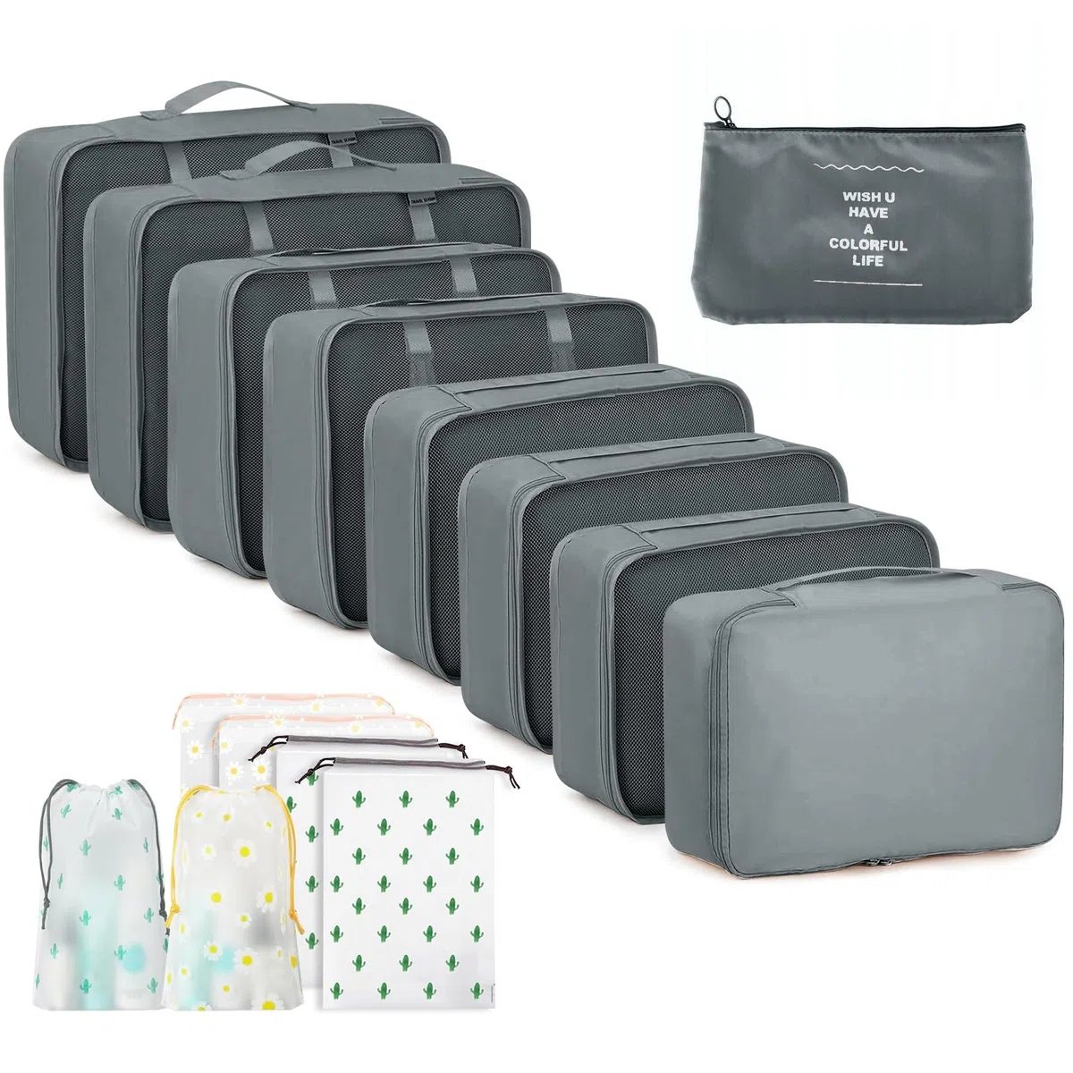 GIBOHOM Organizador Maleta, 15 Piezas Bolsas Organizadoras Maleta, Impermeables Packing Cubes Resistentes al Desgarro, Organizador de Maletas para Guardar Ropa Mientras Viaje y en Casa, Gris