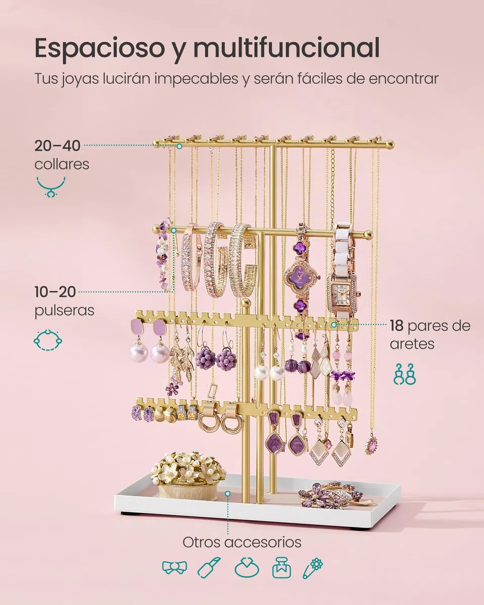 SONGMICS Portajoyas, Soporte para Joyas, Marco de Metal, Bandeja de Terciopelo, para Collares, Pulseras, Pendientes, Aretes y Anillos, Idea de Regalo, Dorado Claro JJS036AB01
