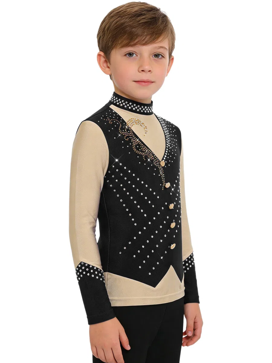 Freebily Camisas De Patinaje Artístico para Niño Top Brillante con Pedrería Cuello Alto Manga Larga Traje De Actuación