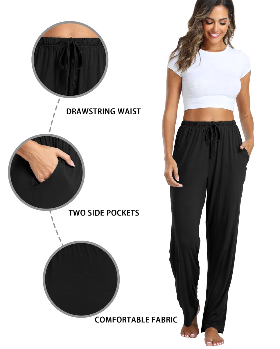 Vlazom Mujer Pantalones de Pijama Largo, Suave Modal Lounge Pantalones de pierna ancha Casual Inicio Pantalones con bolsillos S-XXL
