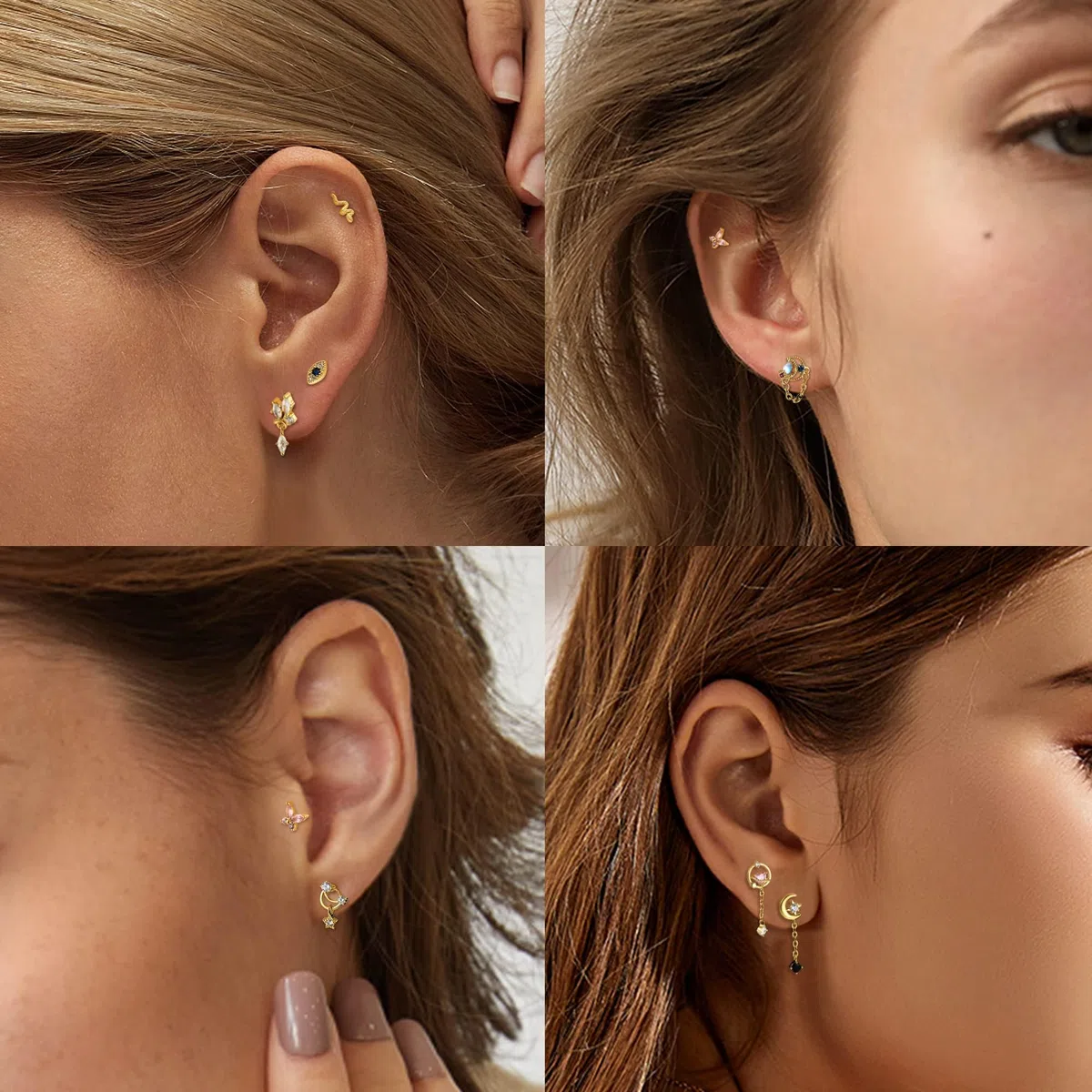 Kakonia 9 aretes de tuerca para mujer, aretes de cartílago de 16 g, corazón y estrella de circonita cúbica, aretes colgantes de mariposa de acero inoxidable, aretes de espalda plana, serpiente, mal de