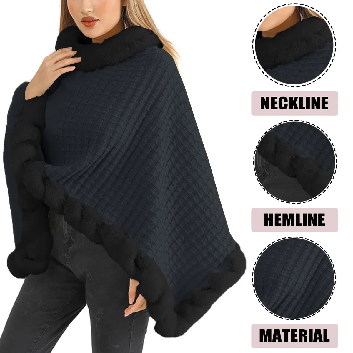 Poncho de Punto para Mujer Capa Invierno Térmica con Piel Sintética Cálido Elegante Chal con Cuello Redondo