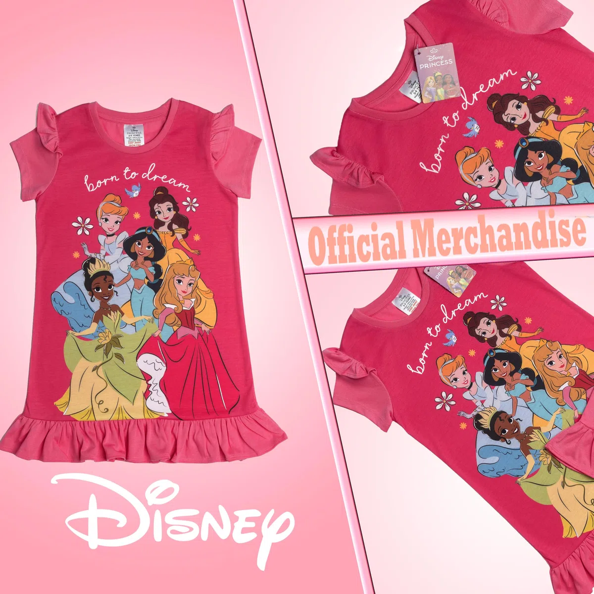 Disney Camisón de princesa para niñas, con volantes, Cenicienta, Belle, Tiana, Jasmine, Aurora, pijama