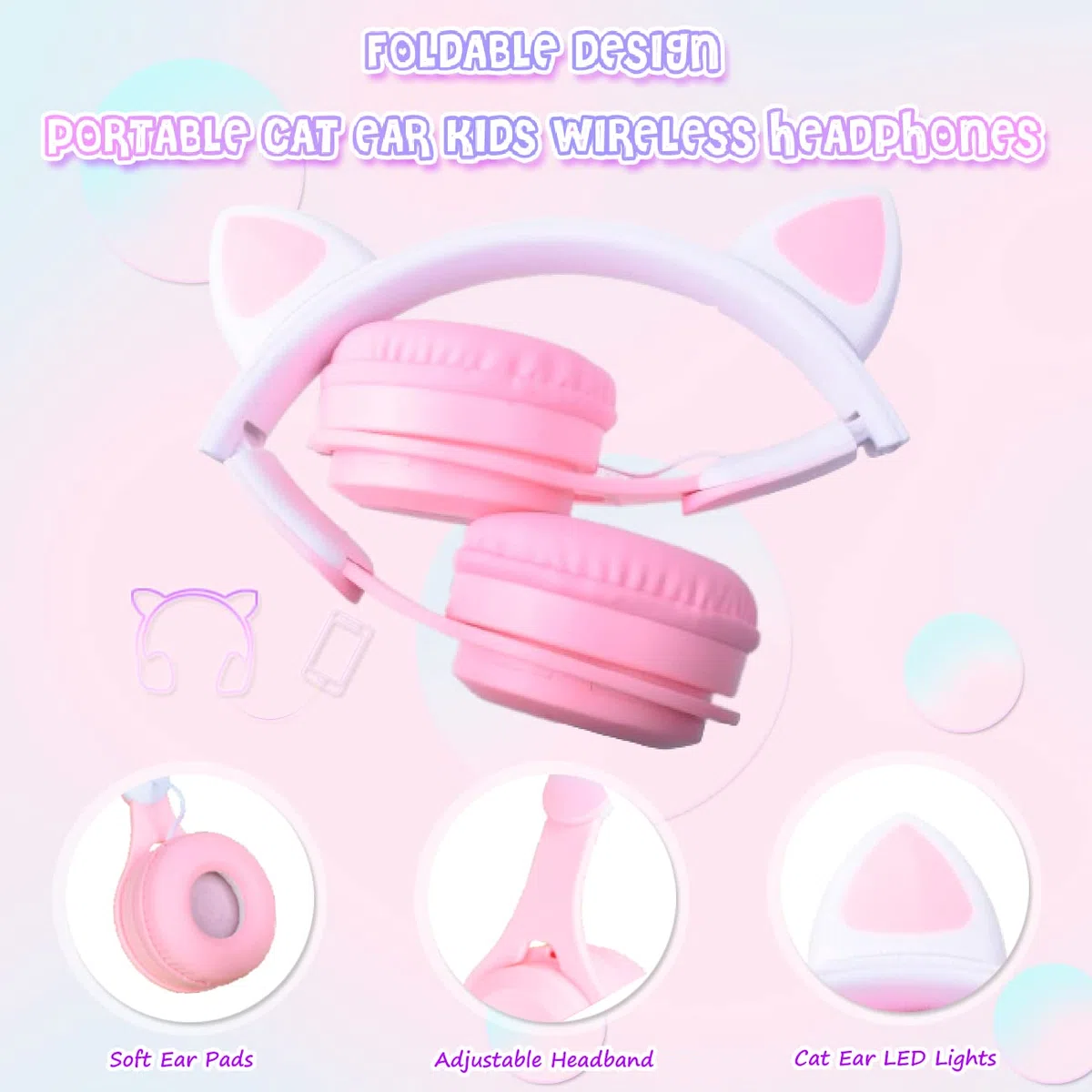 arVin Auriculares para niños, auriculares inalámbricos para niños con micrófono, orejas de gato con luz LED para niños, auriculares plegables sobre la oreja para niñas y niños