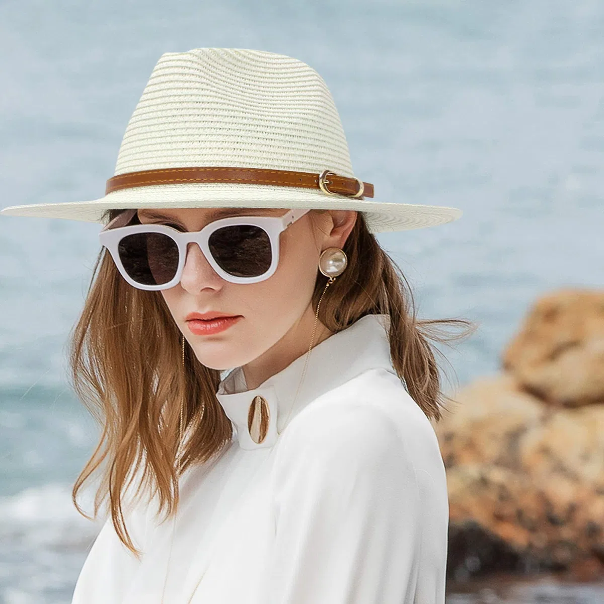 Sombreros de paja para mujeres y hombres, sombrero de verano Panamá Fedora con cinturón de cuero, ala ancha, gorra de jazz para playa