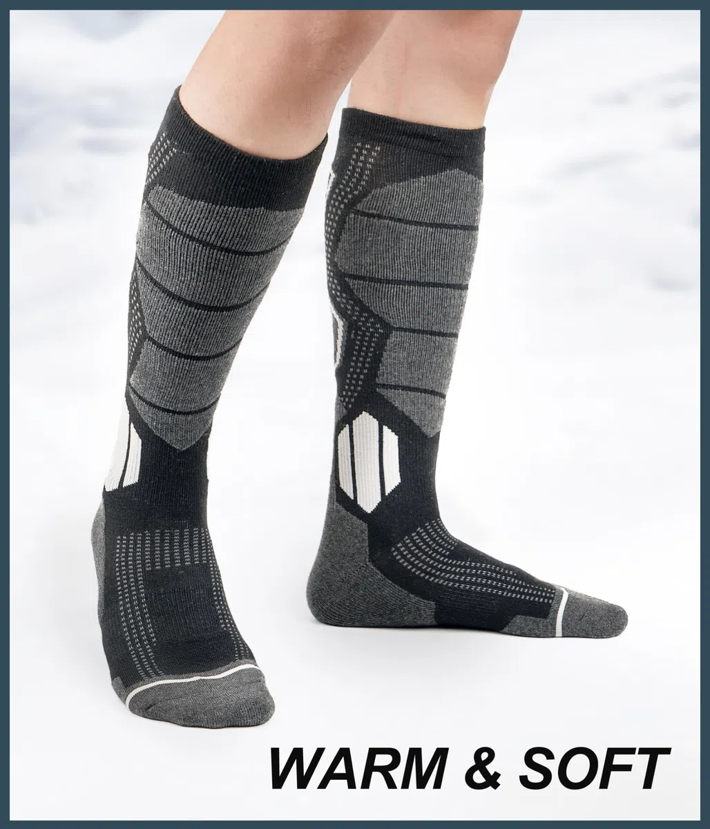 YESWEL Calcetas de esquí para hombres y mujeres de lana merino, 2 pares, calcetas térmicas cálidas, calcetas gruesas de felpa negras para deporte