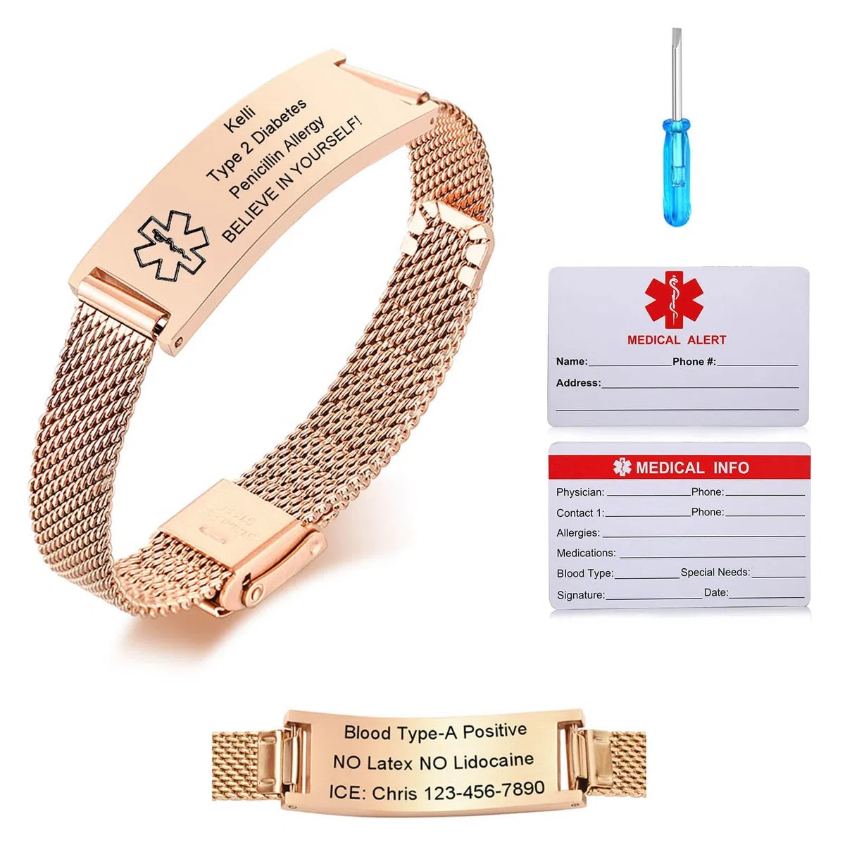 VNOX Personalizable Pulseras para Hombres Médica : Mujeres y Niños, Ajustable, Acero Inoxidable, Pulsera de Identificación Médica de Emergencia, Grabado Pulseras, Negro, Plata, Rosa