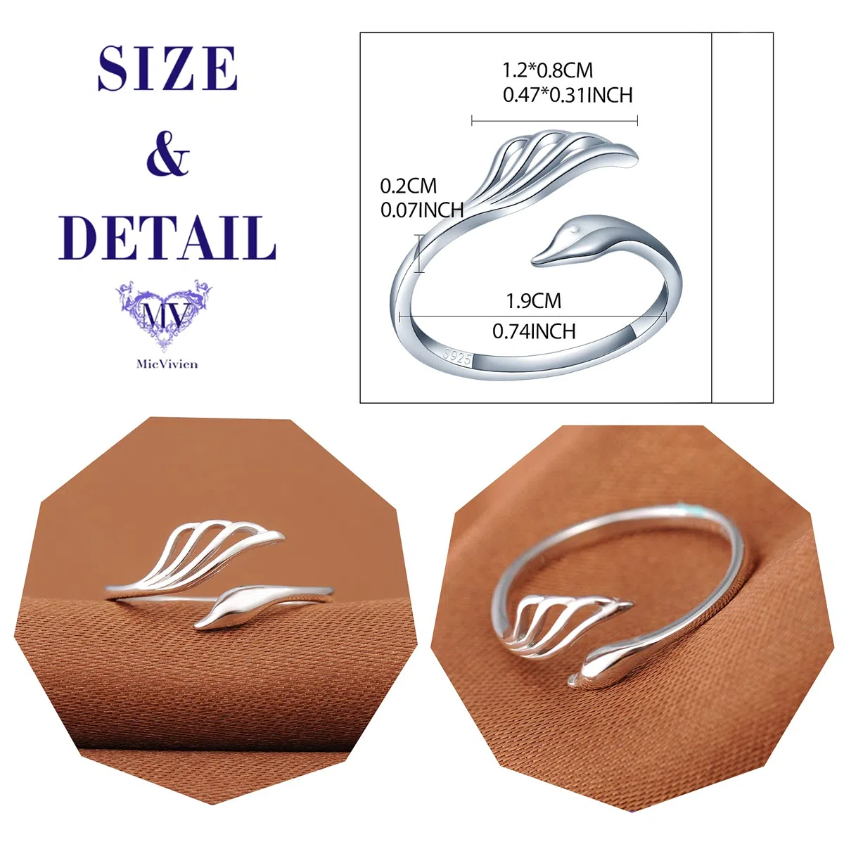 Anillo Plata de Ley 925 Ajustable Anillo Fénix, Anillo de Ala para Mujeres Niñas