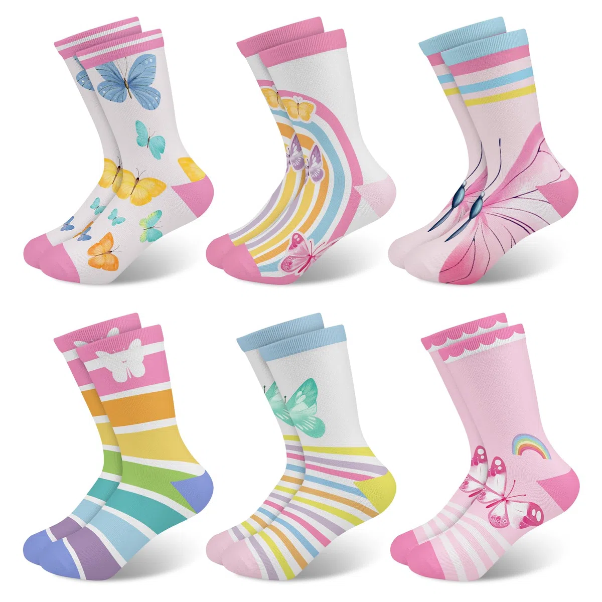6 Pares Calcetines Niñas Infantiles con Patrones Coloridos Lindas Mariposas y Rayas de Arco Iris Calcetín Crew Tobilleros Suaves Regalos 3-14 años Tamaño 26-38