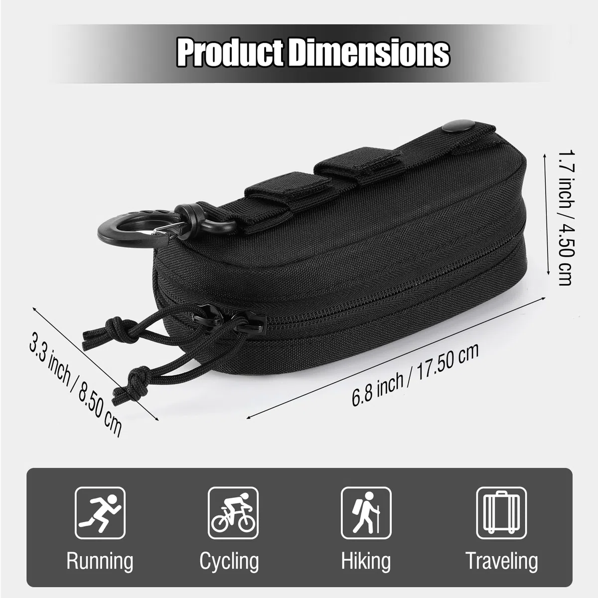 MoKo Estuche para Gafas MOLLE Táctico, Funda de Gafas de Sol de Tela Oxford Impermeable Bolsa de Gafas Portátil Antichoque con Cremallera y Mosquetón para Senderismo Actividad al Aire Libre, Negro