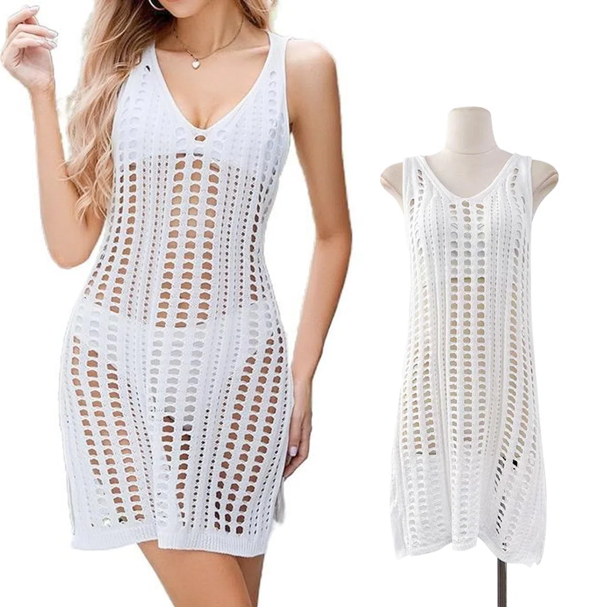 TYXHXTF Traje de Baño Vestido de Baño Bikini Cover up Cubrir Blusa Camisolas Traje, Vestido Playa para Mujer Sin Mangas Cuello, Vestidos Playa, Vestidos Playeros Mujer