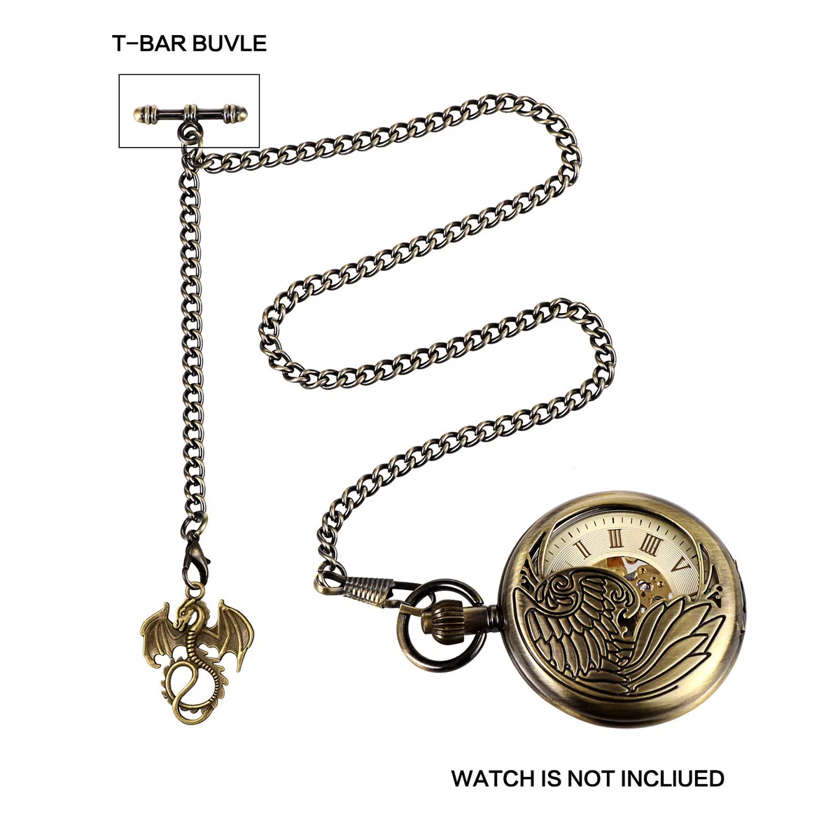 TREEWETO Albert - Reloj de bolsillo con cadena para hombre, 2 ganchos, diseño de dragón antiguo, diseño de colgante de bronce