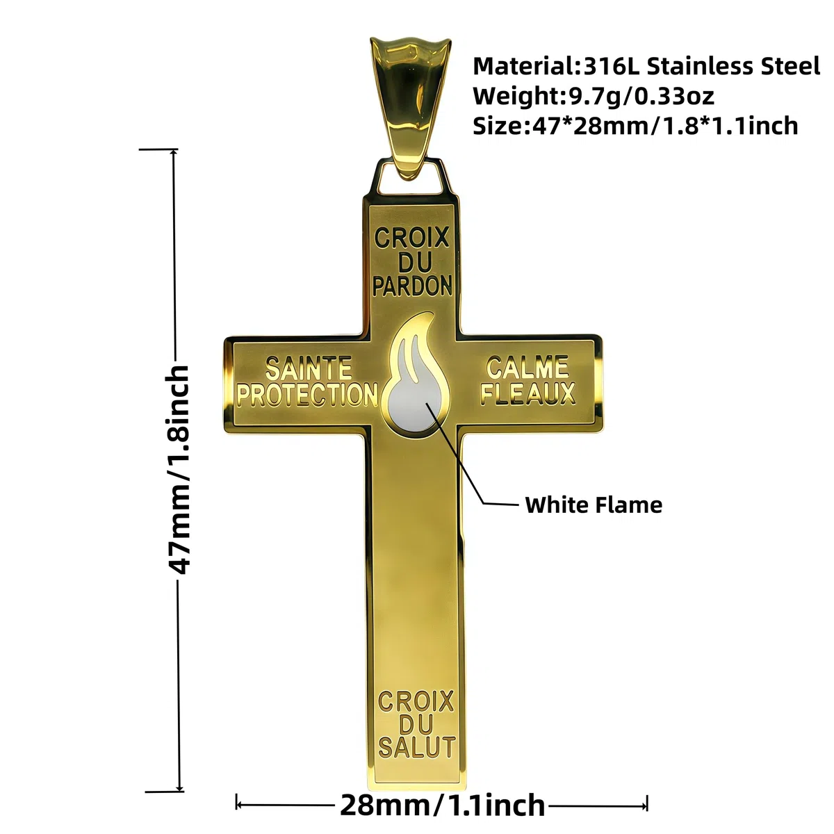 Católica Marie Julie Jahenny de Benedicción con protección Cruz de perdón con llama esmaltada blanca, cruz santa del perdón, crucifijo de acero inoxidable, cruz del perdón, cruz del perdón en acero