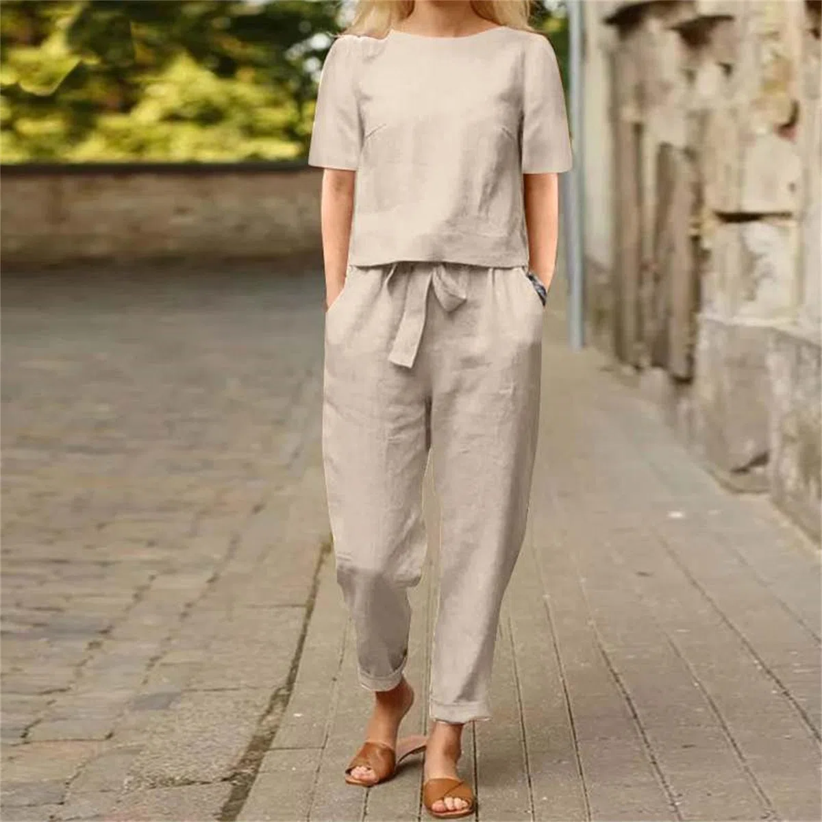 Conjunto Mujer Dos Piezas Casual Verano Elegante Lino Y Algodón Conjunto Deportivo Top Manga Corta Y Pantalones Cintura Alta Chandal Completo Loungewear Holgado Casa Trabajo Vacaciones Playa